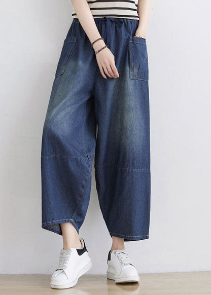Blue Elastic Waist Patchwork Cotton Denim Pants Spring