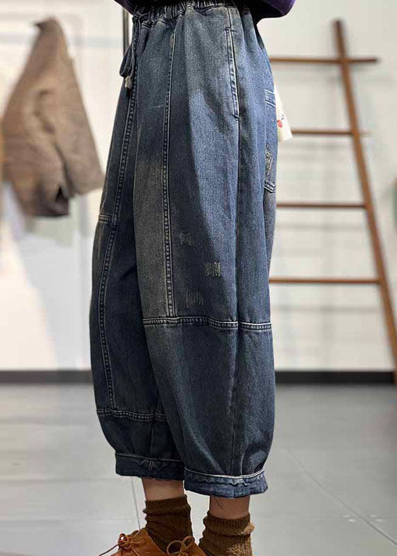 Blue Elastic Waist Patchwork Drawstring Cotton Denim Pants Fall