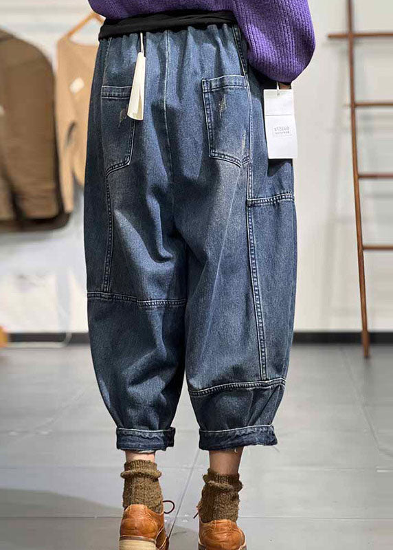 Blue Elastic Waist Patchwork Drawstring Cotton Denim Pants Fall