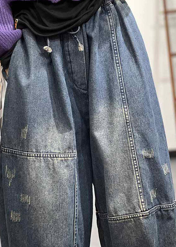 Blue Elastic Waist Patchwork Drawstring Cotton Denim Pants Fall