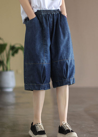 Blue Elastic Waist Pockets Patchwork Cotton Denim Half Pants Summer