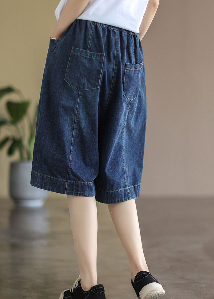 Blue Elastic Waist Pockets Patchwork Cotton Denim Half Pants Summer