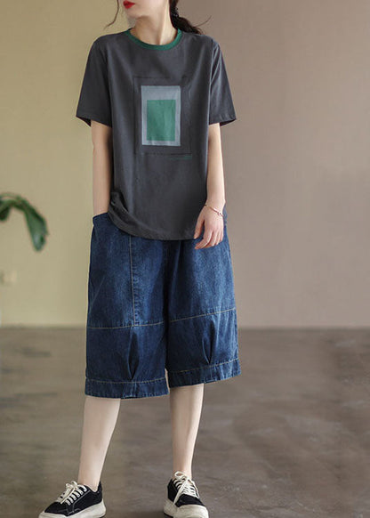 Blue Elastic Waist Pockets Patchwork Cotton Denim Half Pants Summer