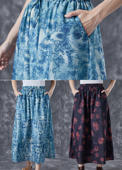 Blue Elastic Waist Print Linen a Line Skirts Summer