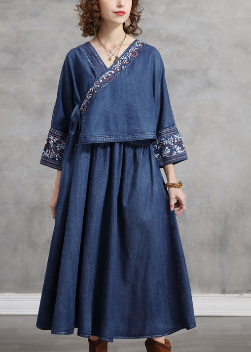 Blue Embroideried Asymmetrical Design Tie Waist Cotton Denim Dresses Bracelet Sleeve