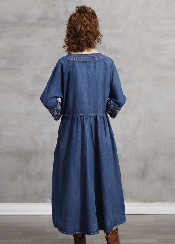 Blue Embroideried Asymmetrical Design Tie Waist Cotton Denim Dresses Bracelet Sleeve