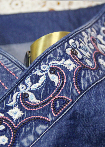 Blue Embroideried Asymmetrical Design Tie Waist Cotton Denim Dresses Bracelet Sleeve