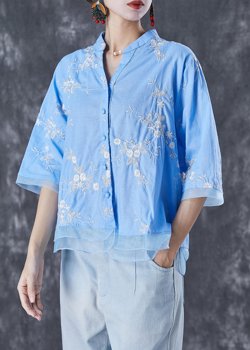 Blue Embroideried Patchwork Linen Blouse Tops Summer