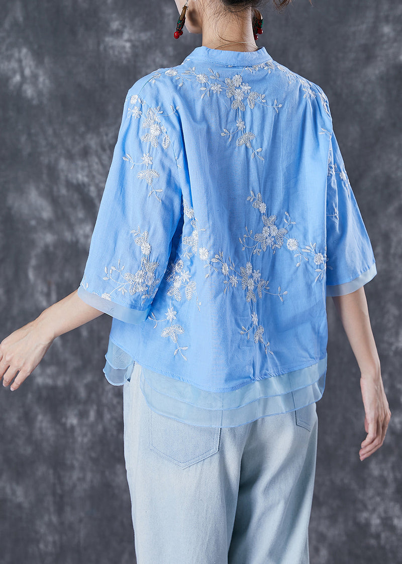 Blue Embroideried Patchwork Linen Blouse Tops Summer