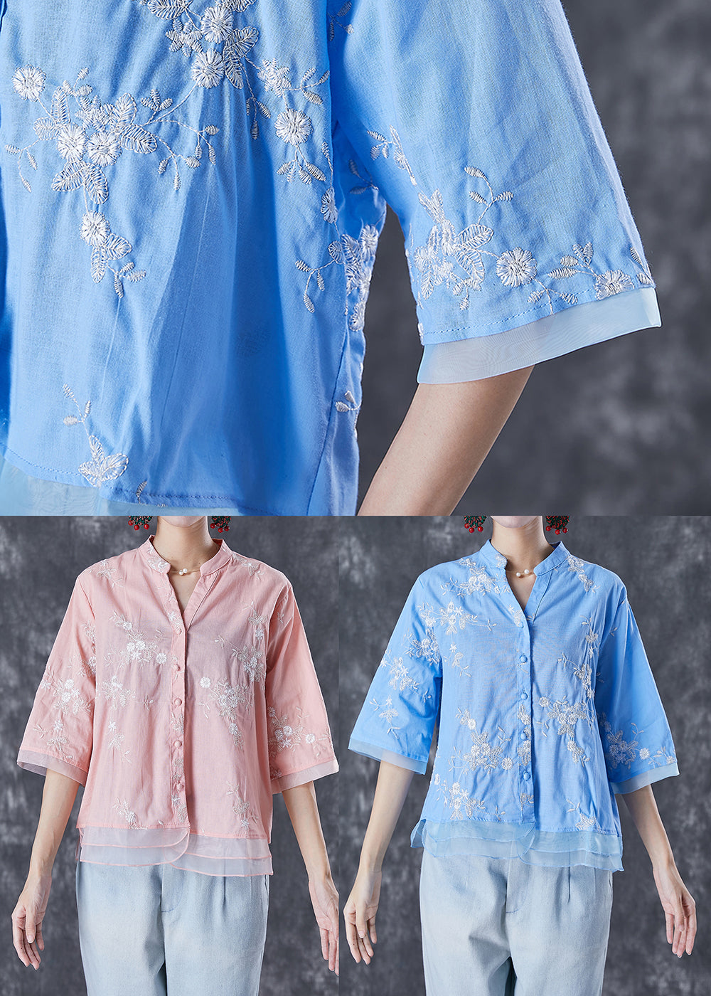 Blue Embroideried Patchwork Linen Blouse Tops Summer