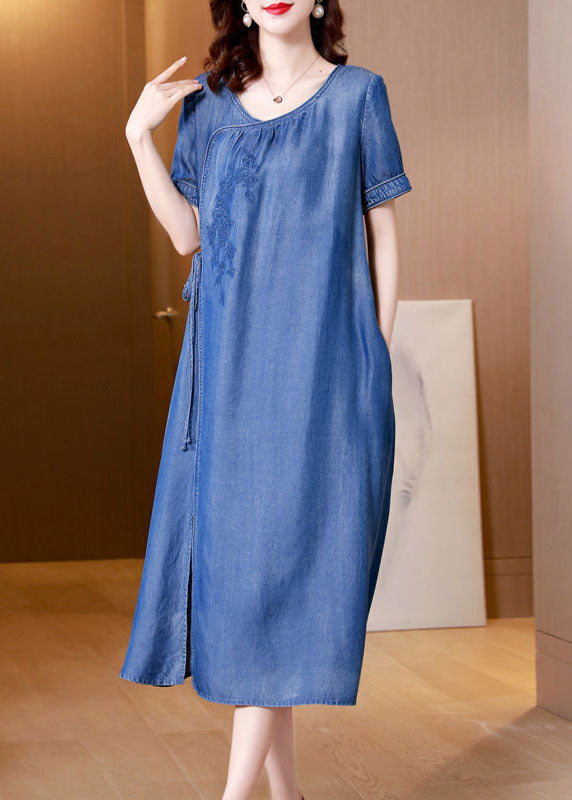 Blue Embroideried Side Open Denim Dress Summer