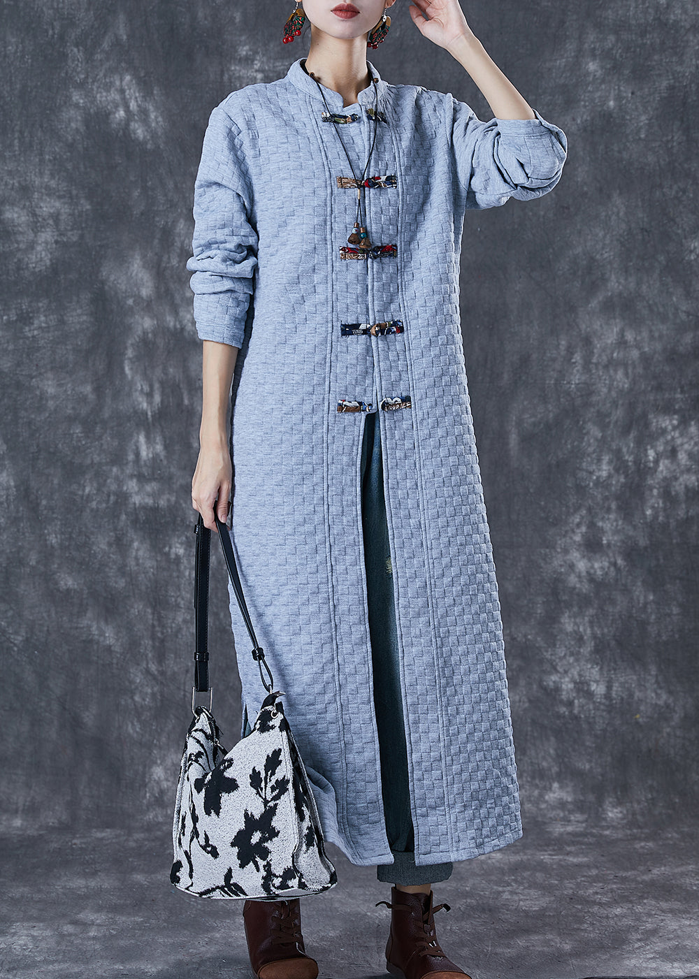 Blue Grey Chinese Button Cotton Trench Coats Fall