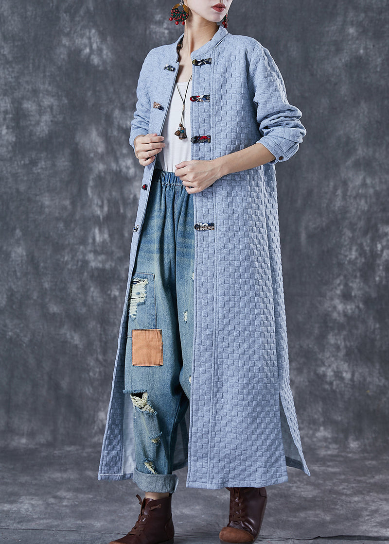Blue Grey Chinese Button Cotton Trench Coats Fall