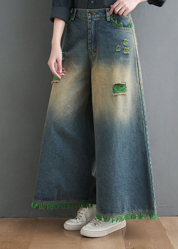 Blue High Waist Hole Pockets Tassel Cotton Denim Wide Leg Pants Spring