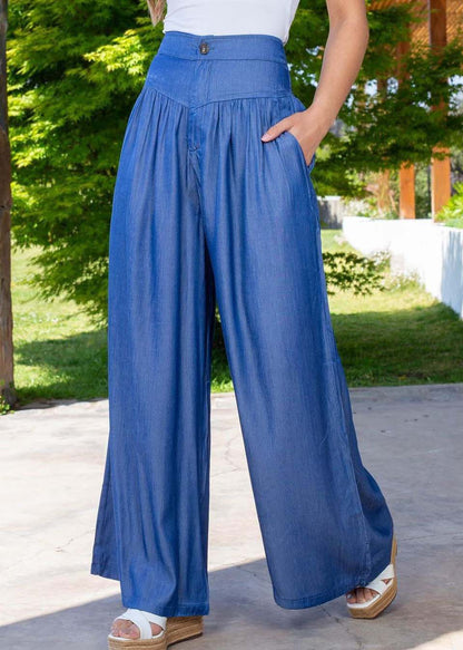 Blue High Waist Patchwork Wrinkled Denim Wide Leg Pants Summer