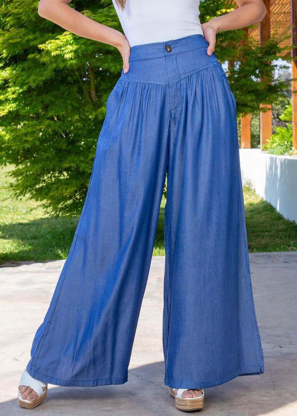 Blue High Waist Patchwork Wrinkled Denim Wide Leg Pants Summer