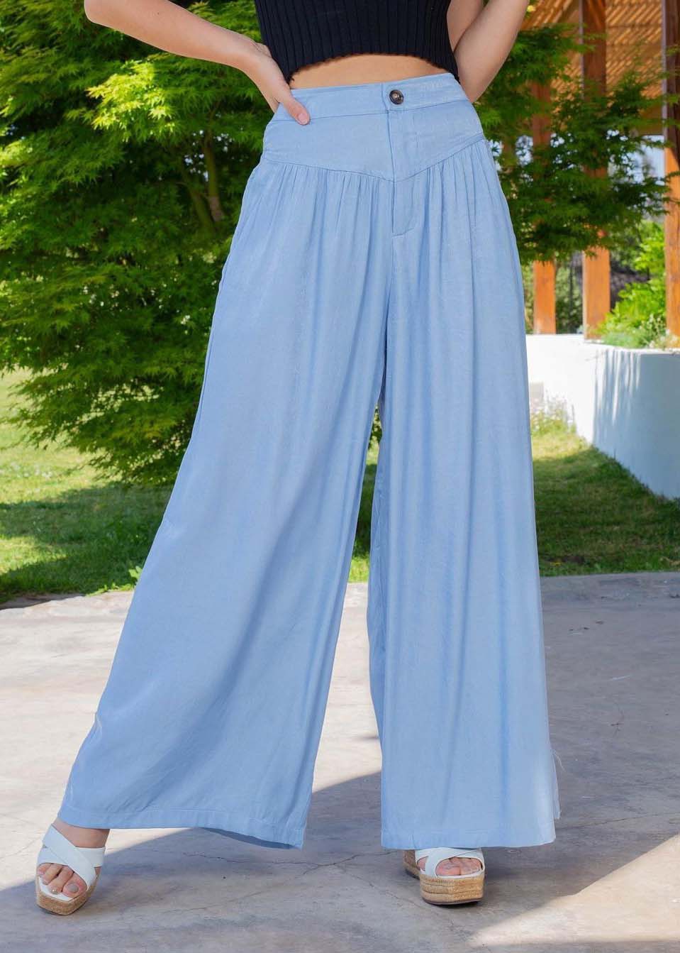 Blue High Waist Patchwork Wrinkled Denim Wide Leg Pants Summer