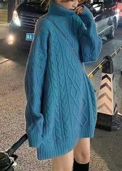 Blue Hign Neck Patchwork Cable Knit Sweater Dress Winter