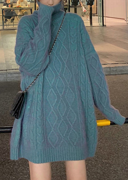 Blue Hign Neck Patchwork Cable Knit Sweater Dress Winter