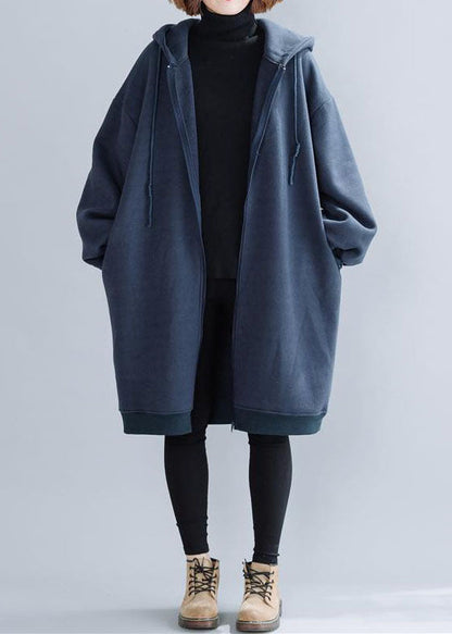 Blue Hooded Drawstring Pockets Warm Fleece Jackets Winter