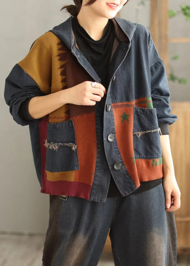 Blue Hooded Pockets Patchwork Denim Coat Spring