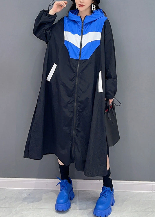 Blue Hooded Pockets Patchwork Long Coat Fall