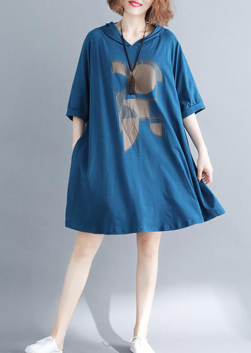 Blue Hooded Print Cotton Sweatshirt Dress Summer