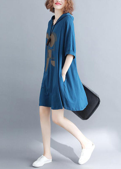 Blue Hooded Print Cotton Sweatshirt Dress Summer