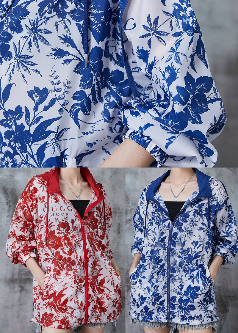 Blue Hooded Print Spandex Coat Outwear Fall
