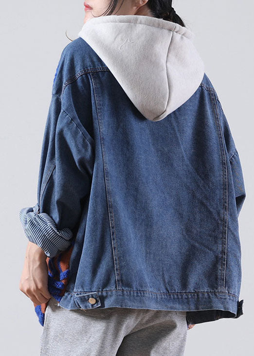 Blue Hooded Drawstring Denim Patchwork Sweater Winter