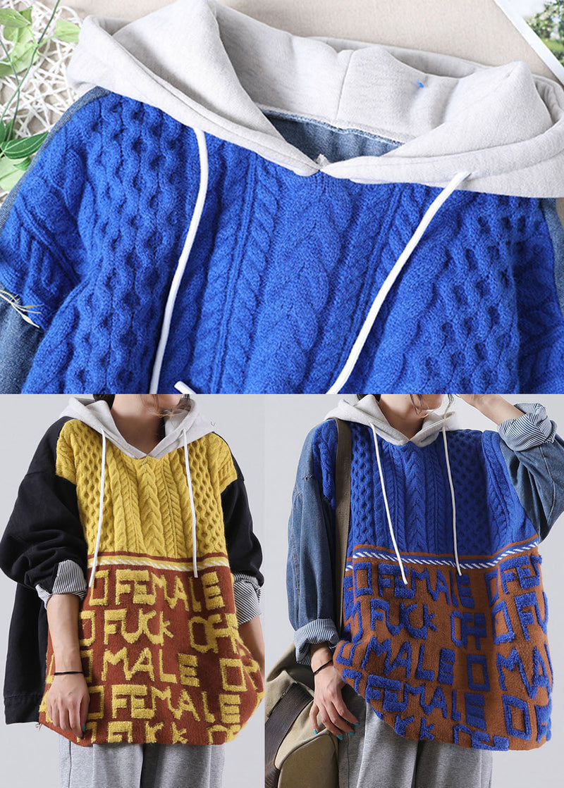 Blue Hooded Drawstring Denim Patchwork Sweater Winter