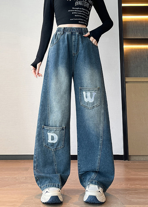 Blue Letter Pockets Elastic Waist Denim Pants Spring