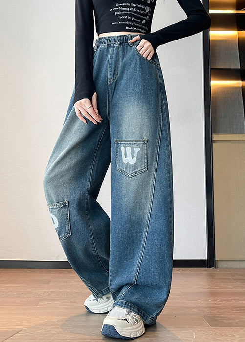 Blue Letter Pockets Elastic Waist Denim Pants Spring