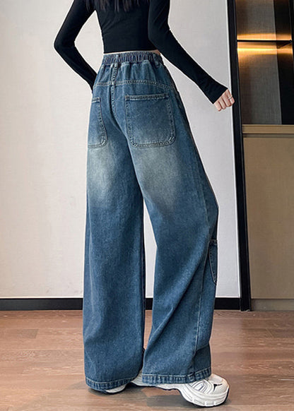 Blue Letter Pockets Elastic Waist Denim Pants Spring