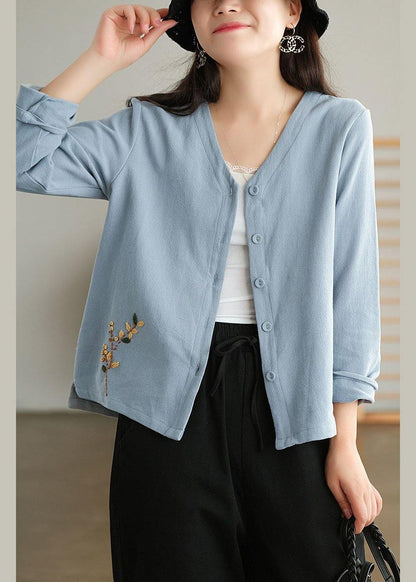Plus Size Blue Loose V Neck Button Fall Shirts Long Sleeve