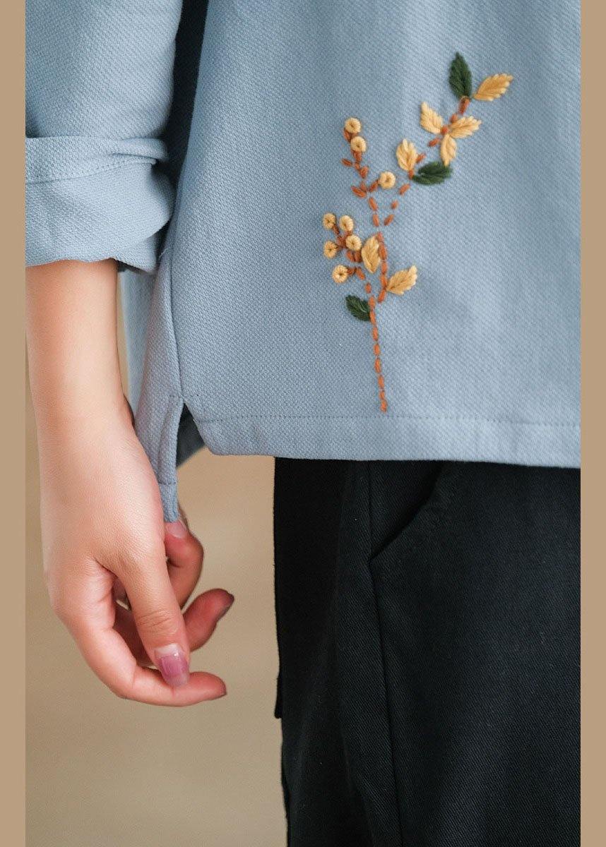Plus Size Blue Loose V Neck Button Fall Shirts Long Sleeve