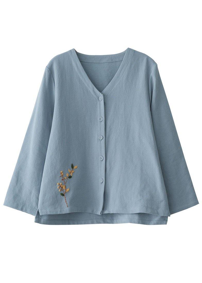 Plus Size Blue Loose V Neck Button Fall Shirts Long Sleeve