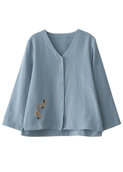 Plus Size Blue Loose V Neck Button Fall Shirts Long Sleeve