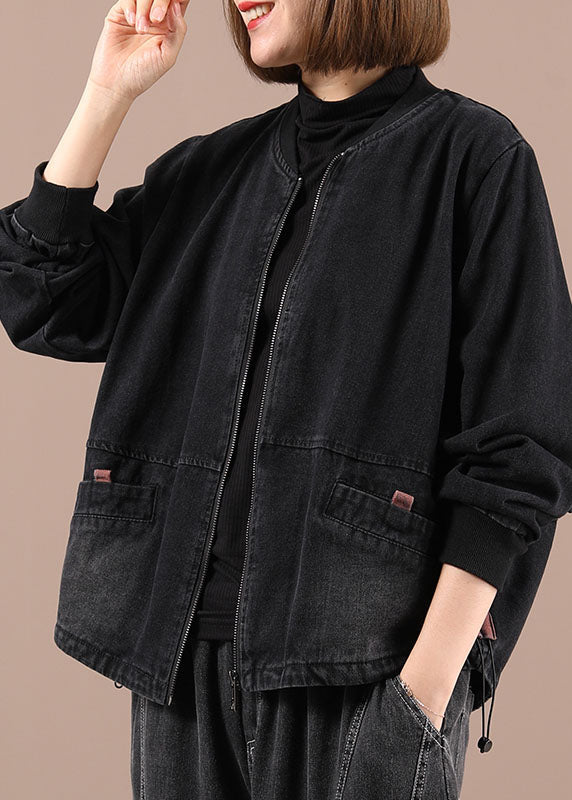Blue Loose Zippered Pockets Fall Denim Long Sleeve Jackets