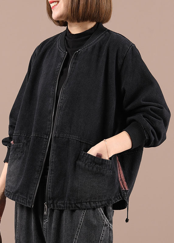 Blue Loose Zippered Pockets Fall Denim Long Sleeve Jackets