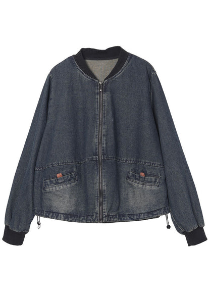 Blue Loose Zippered Pockets Fall Denim Long Sleeve Jackets