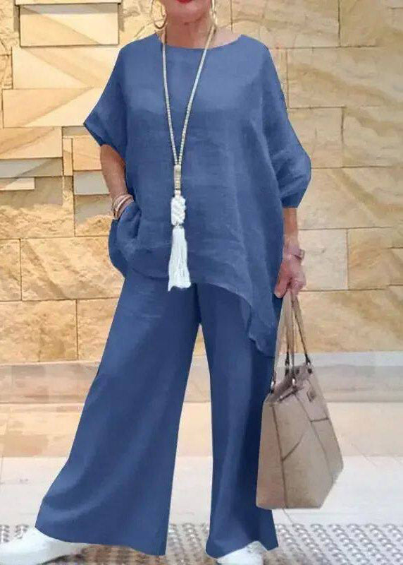Blue O-neck Asymmetrical T Shirts and Wide Leg Pants Two Pieces Set Short Sleeve