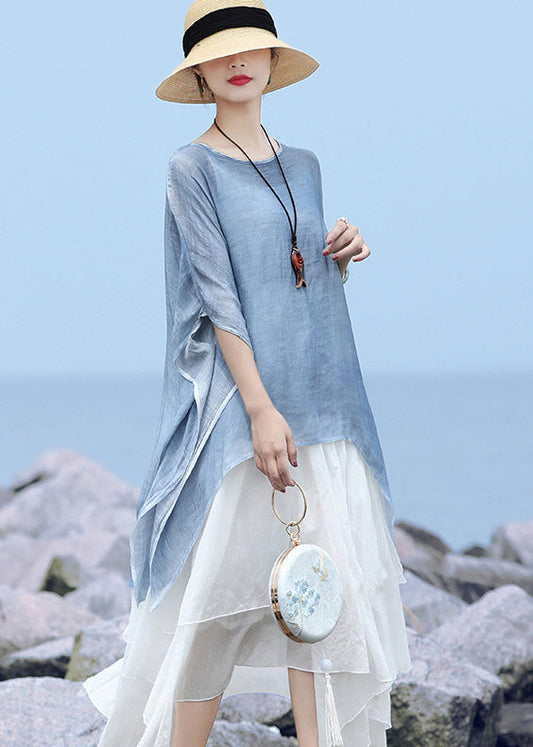 Blue O-neck Asymmetrical Design Linen Tops Batwing Sleeve