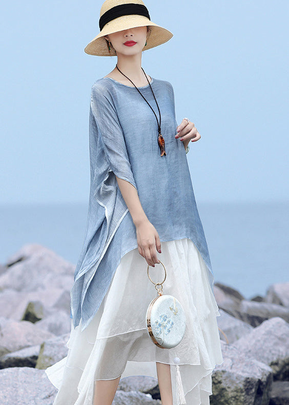Blue O-neck Asymmetrical Design Linen Tops Batwing Sleeve