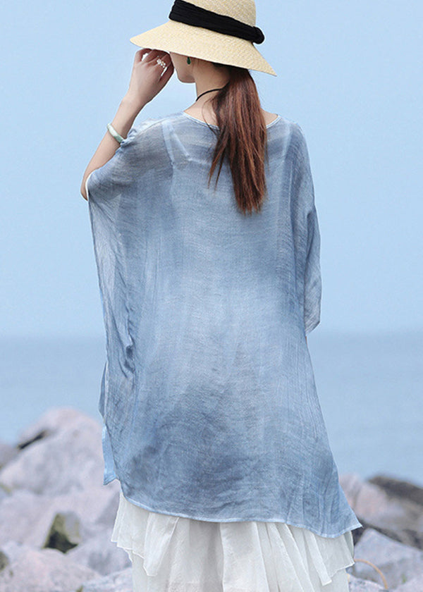 Blue O-neck Asymmetrical Design Linen Tops Batwing Sleeve