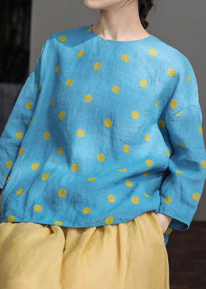 Blue O Neck Button Dot Linen Shirt Fall
