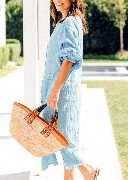 Blue O-neck Button Summer Cotton Long Shirts