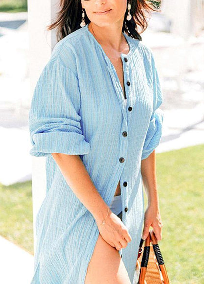 Blue O-neck Button Summer Cotton Long Shirts