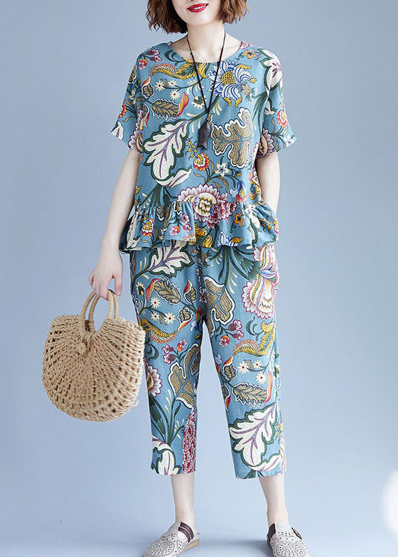 Blue O-neck Cotton Tops and Crop Pants Two Pieces Set Spring