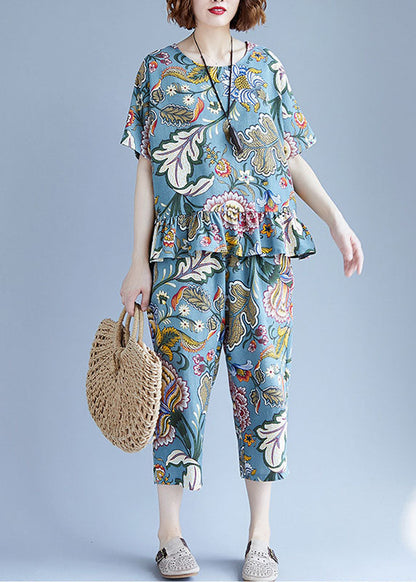 Blue O-neck Cotton Tops and Crop Pants Two Pieces Set Spring